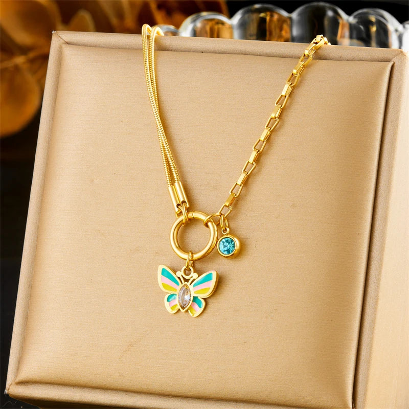 Stainless Steel Colorful Butterfly Zircon Necklace