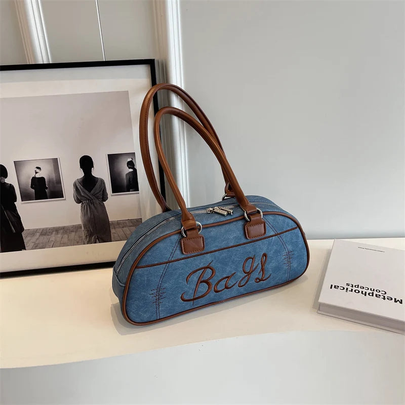 Embroidery Solid Color Long Handle Boston Bag