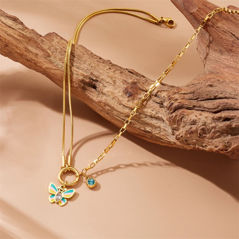 Stainless Steel Colorful Butterfly Zircon Necklace