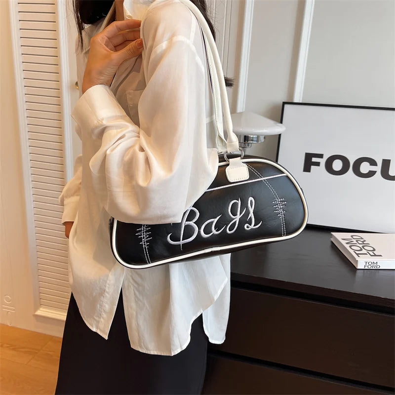 Embroidery Solid Color Long Handle Boston Bag