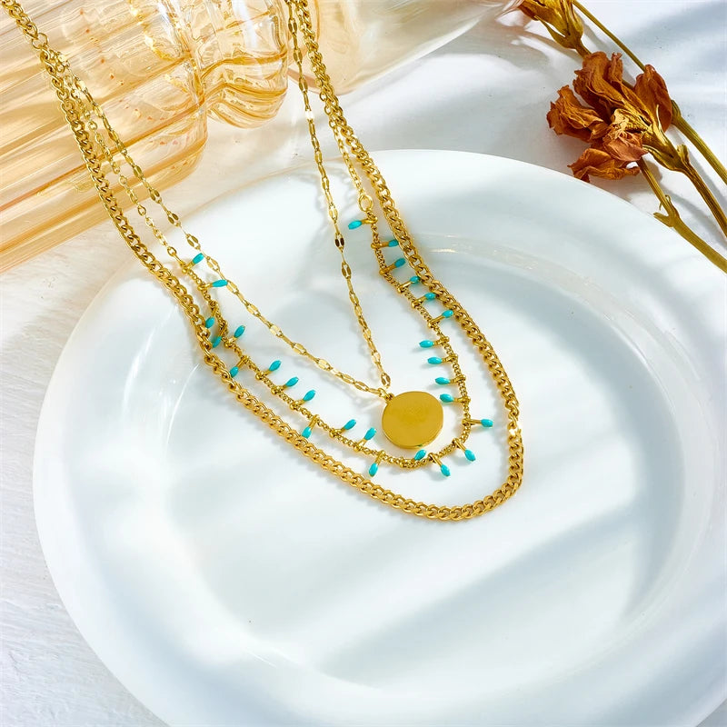Stainless Steel Round Sun Blue Stone Pendant
