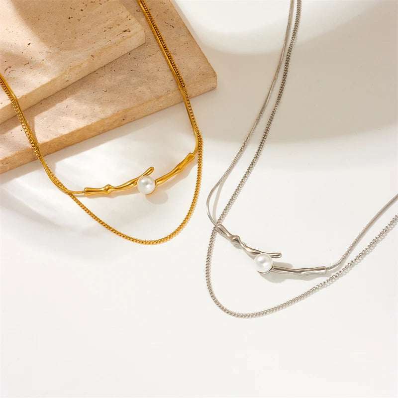 Stainless Steel Irregular Twig Pearl Pendant