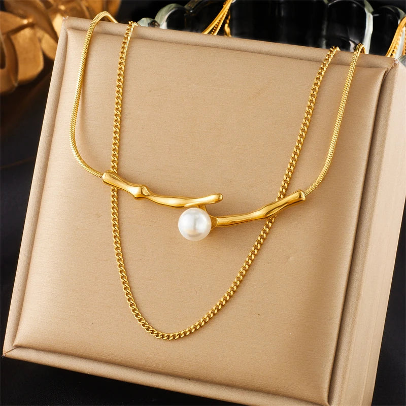 Stainless Steel Irregular Twig Pearl Pendant