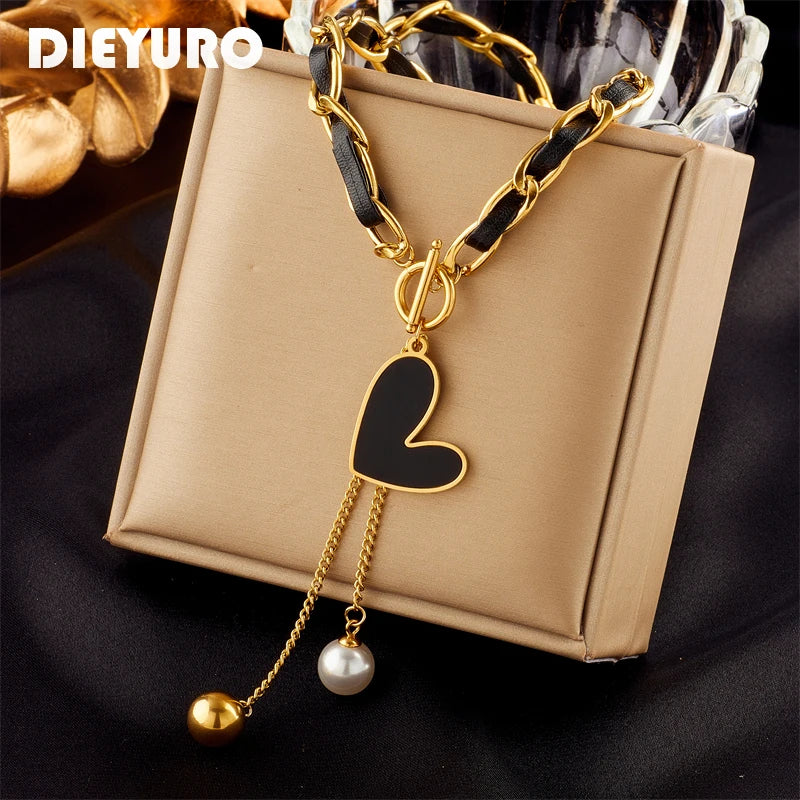 Stainless Steel Black Heart Pearl Ball Pendant