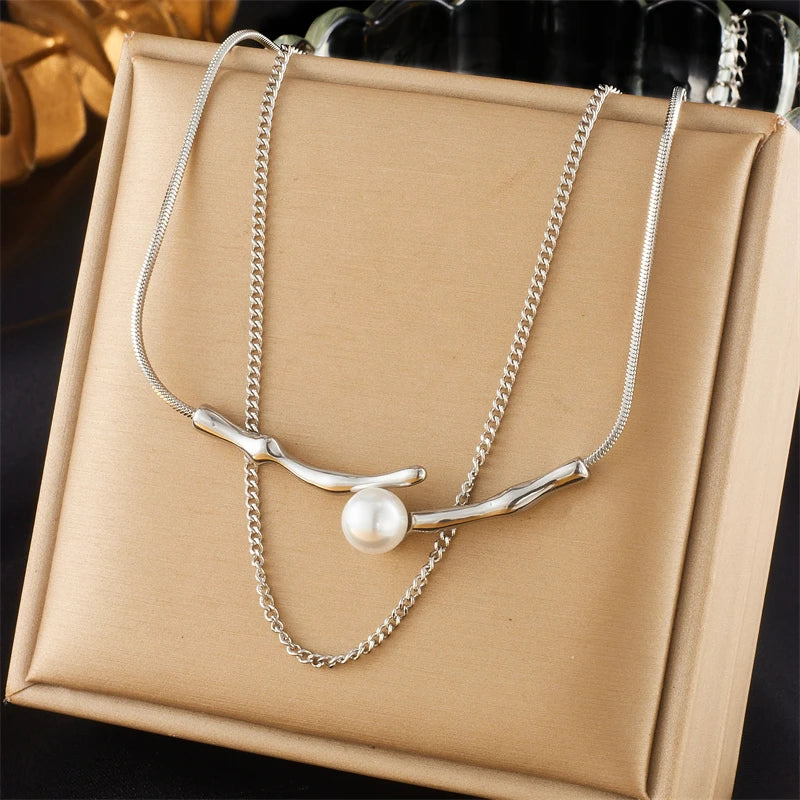 Stainless Steel Irregular Twig Pearl Pendant