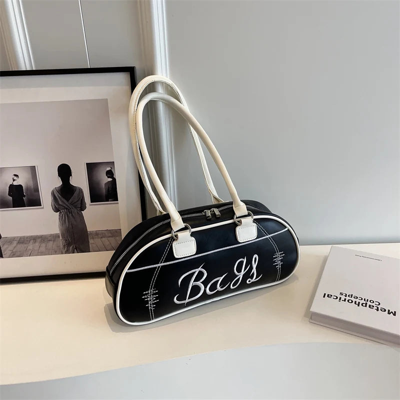 Embroidery Solid Color Long Handle Boston Bag