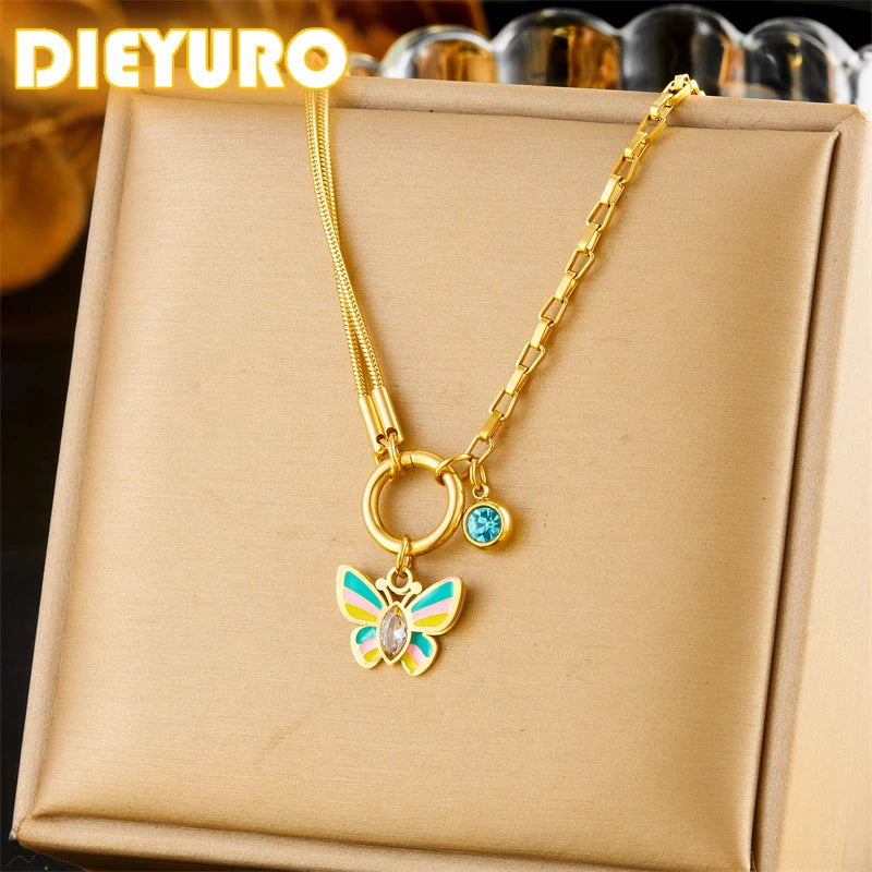 Stainless Steel Colorful Butterfly Zircon Necklace