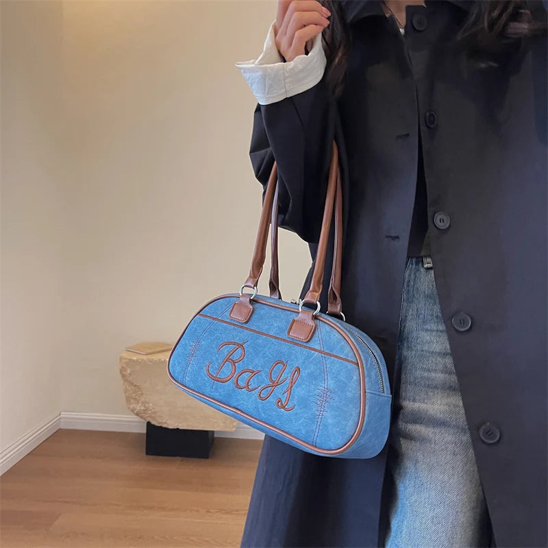 Embroidery Solid Color Long Handle Boston Bag