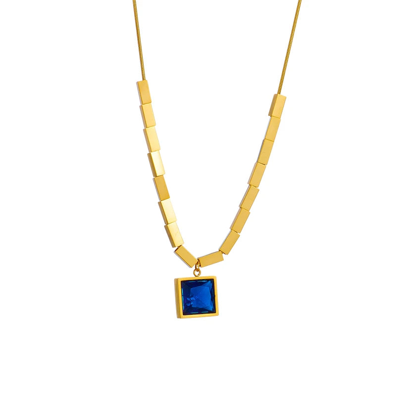 Stainless Steel Square Blue Zircon Necklace
