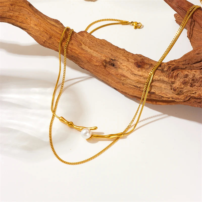 Stainless Steel Irregular Twig Pearl Pendant