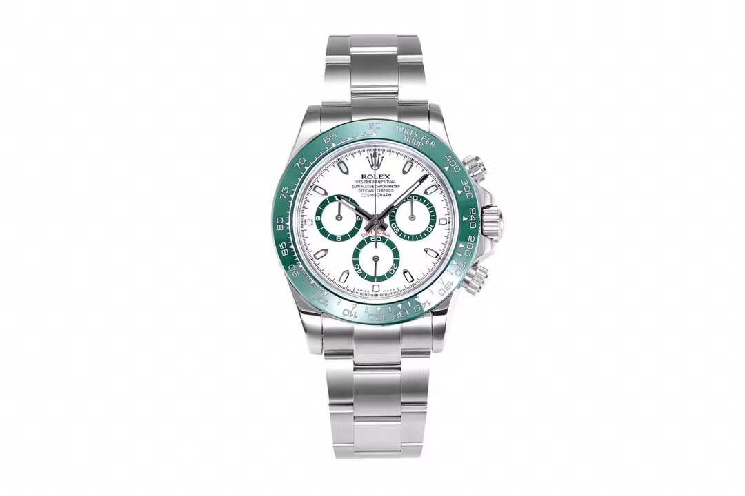 Rolex Cosmograph Daytona with a white dial and a green bezel