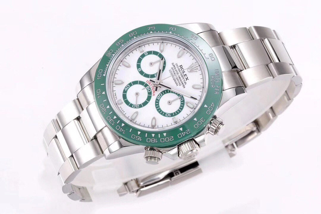 Rolex Cosmograph Daytona with a white dial and a green bezel