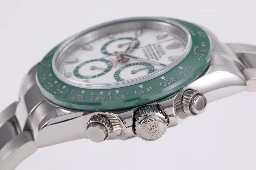 Rolex Cosmograph Daytona with a white dial and a green bezel
